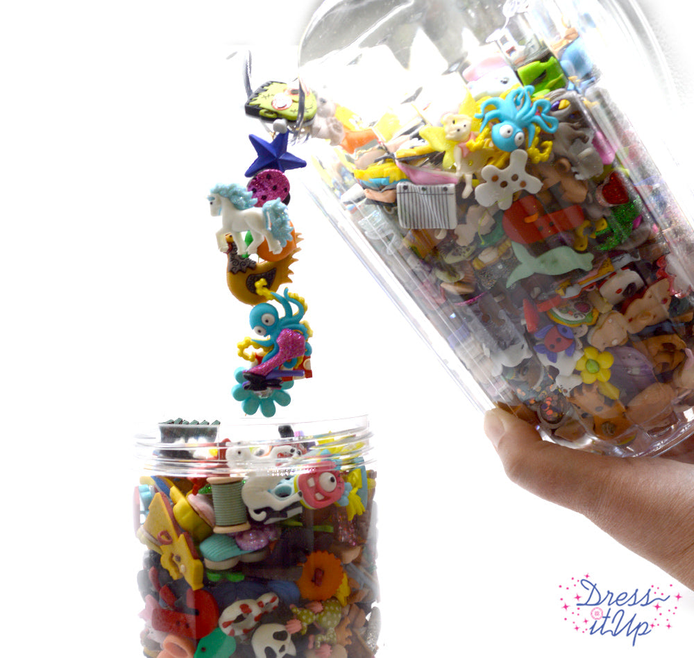 Mystery assortment contains approximately 150 pieces of shank-back, flat-back and sew-thru embellishments