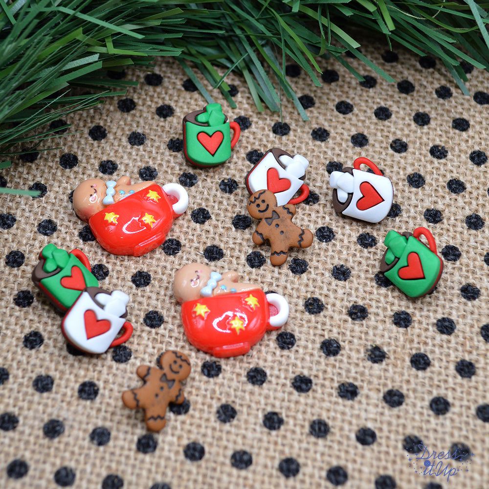 Cocoa, Cookies, and Christmas Movies Gingerbread Mugs Holiday Themed Buttons