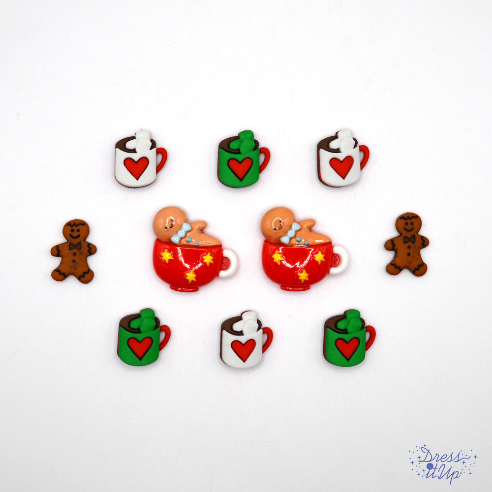 Cocoa, Cookies, and Christmas Movies Gingerbread Mugs Holiday Themed Buttons
