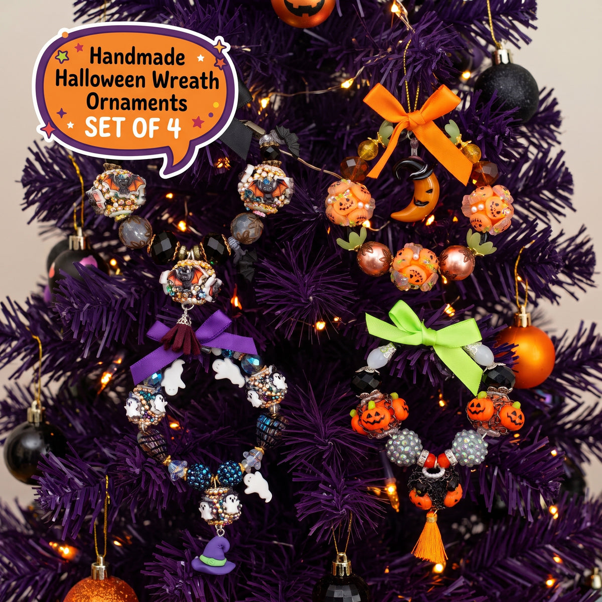 Handmade Beaded Halloween Mini Wreath Ornaments