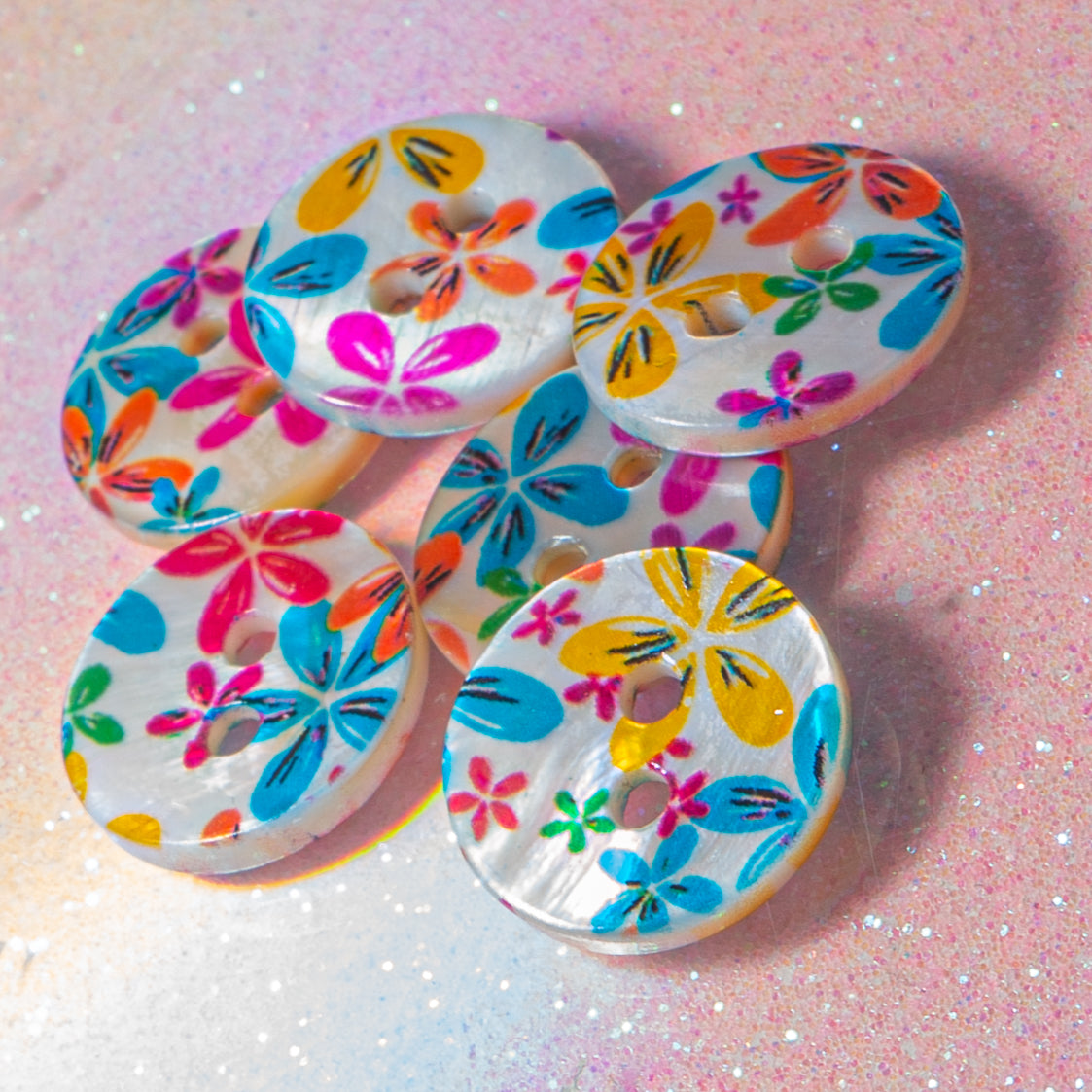 Shell Buttons in Bright Flowers Fun Color Round 2-Hole Buttons