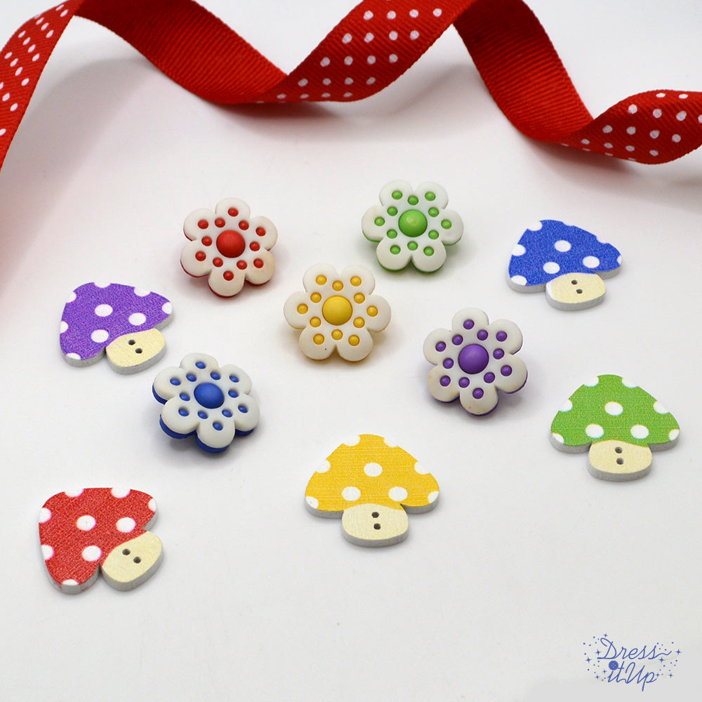 Shrooms and Blooms Multi Color Wood Mushroom and Flower Buttons