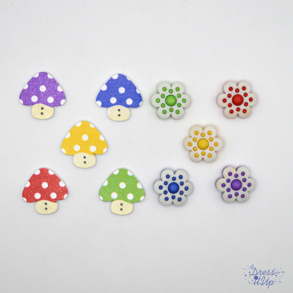 Shrooms and Blooms Multi Color Wood Mushroom and Flower Buttons