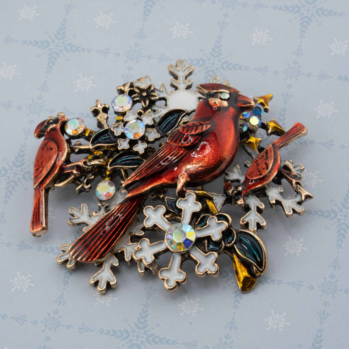 Three Cardinals & Snowflakes Gold Enamel Brooch