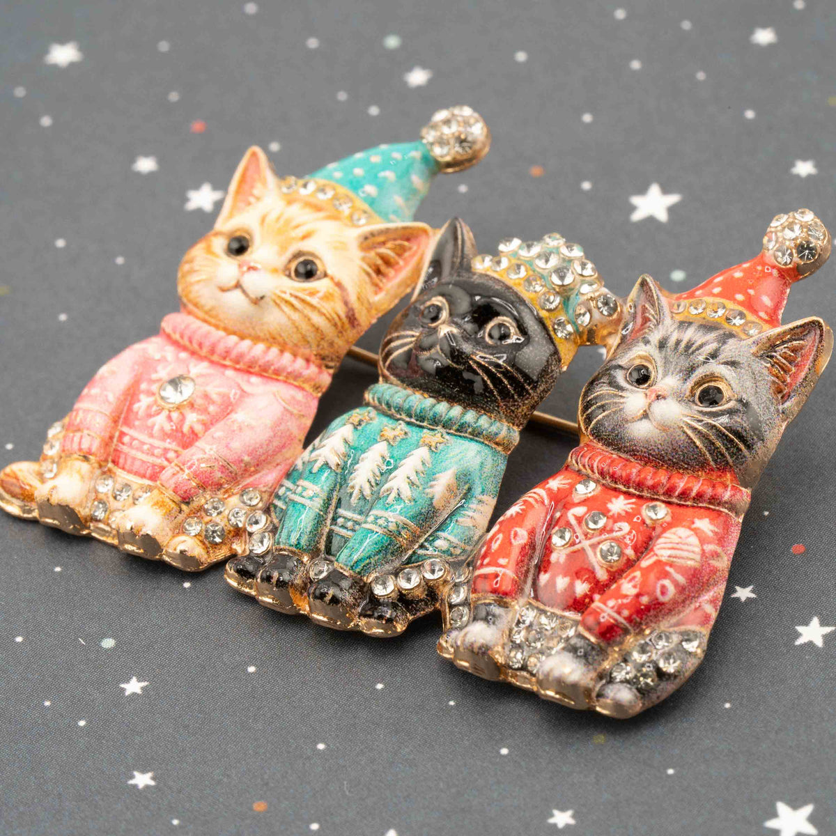 Christmas Sweater Kitties Rhinestone Brooch