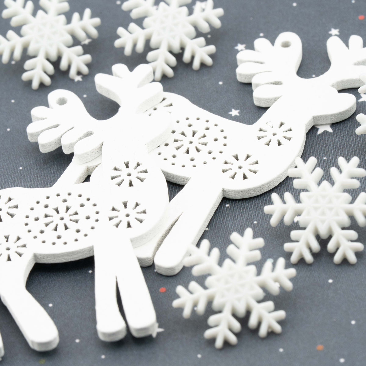 Snowy Reindeer White Wood Winter Themed Charms and Buttons