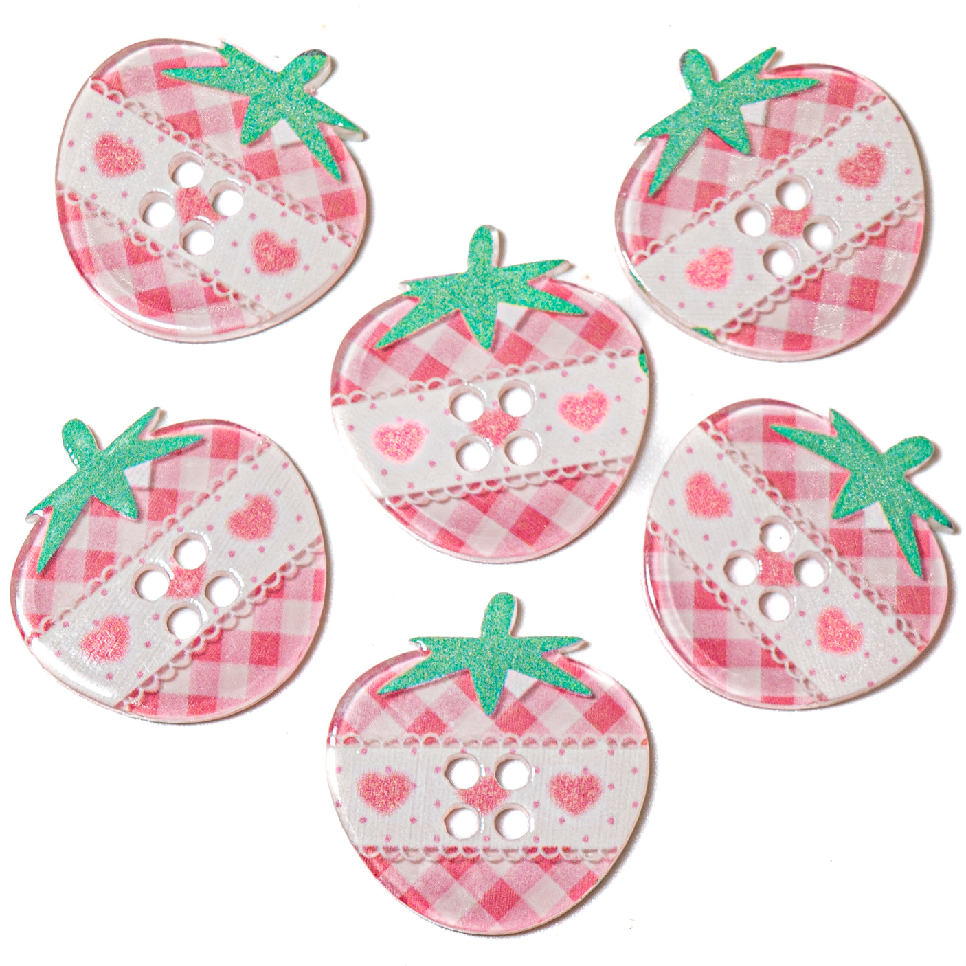 6-Piece Sew-Thru Buttons Pink Plaid Strawberries
