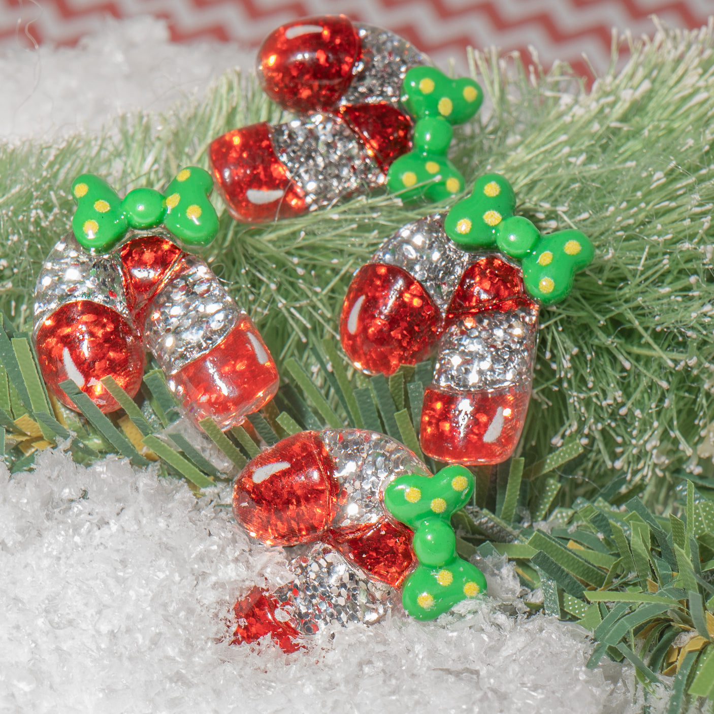 Christmas Transparent Resin Flat Back Cabochons – Glitter Candy Cane Shapes
