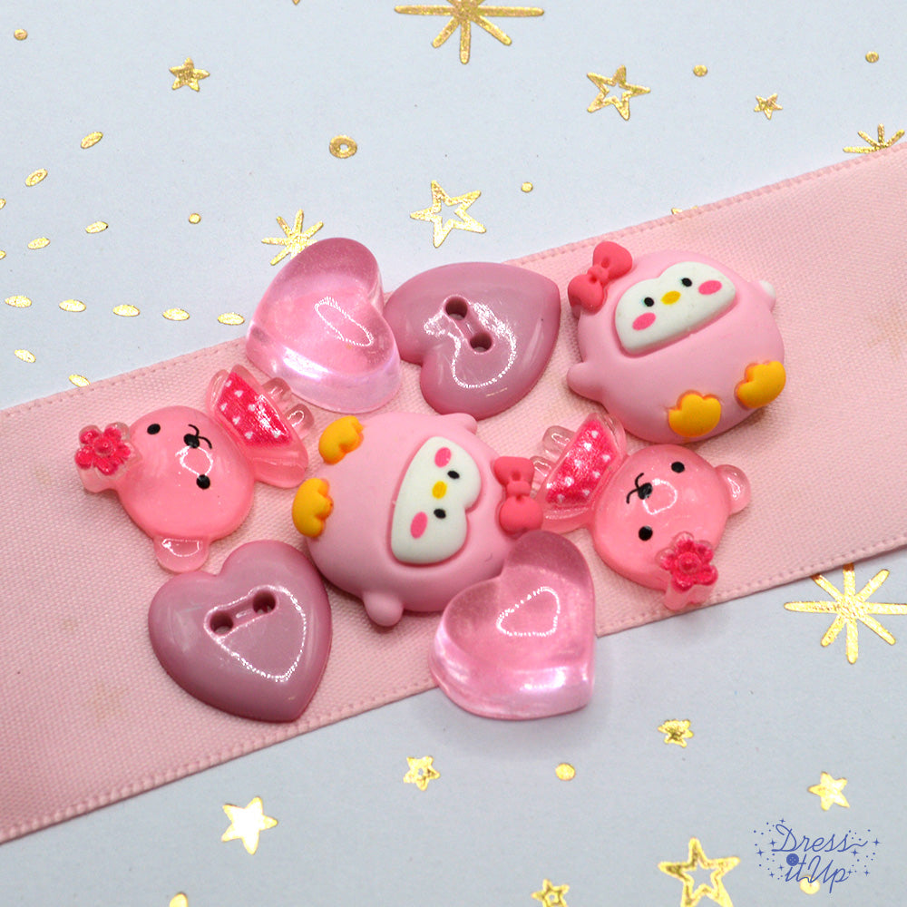 Baby girl resin embellishments. Penguins, hearts and bears.