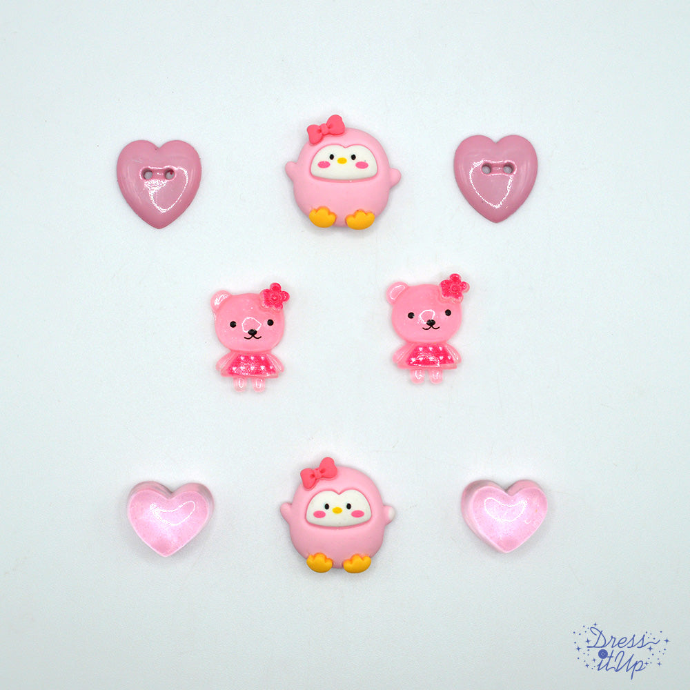 Baby girl resin embellishments. Penguins, hearts and bears.