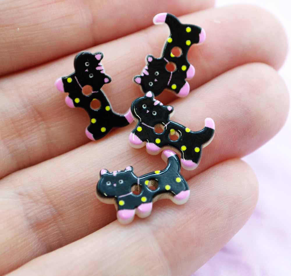 Polka Dot Black Cat Printed 2-Hole Buttons