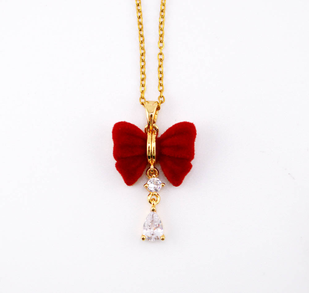 Golden Rhinestone & Fabric Bowknot Necklace