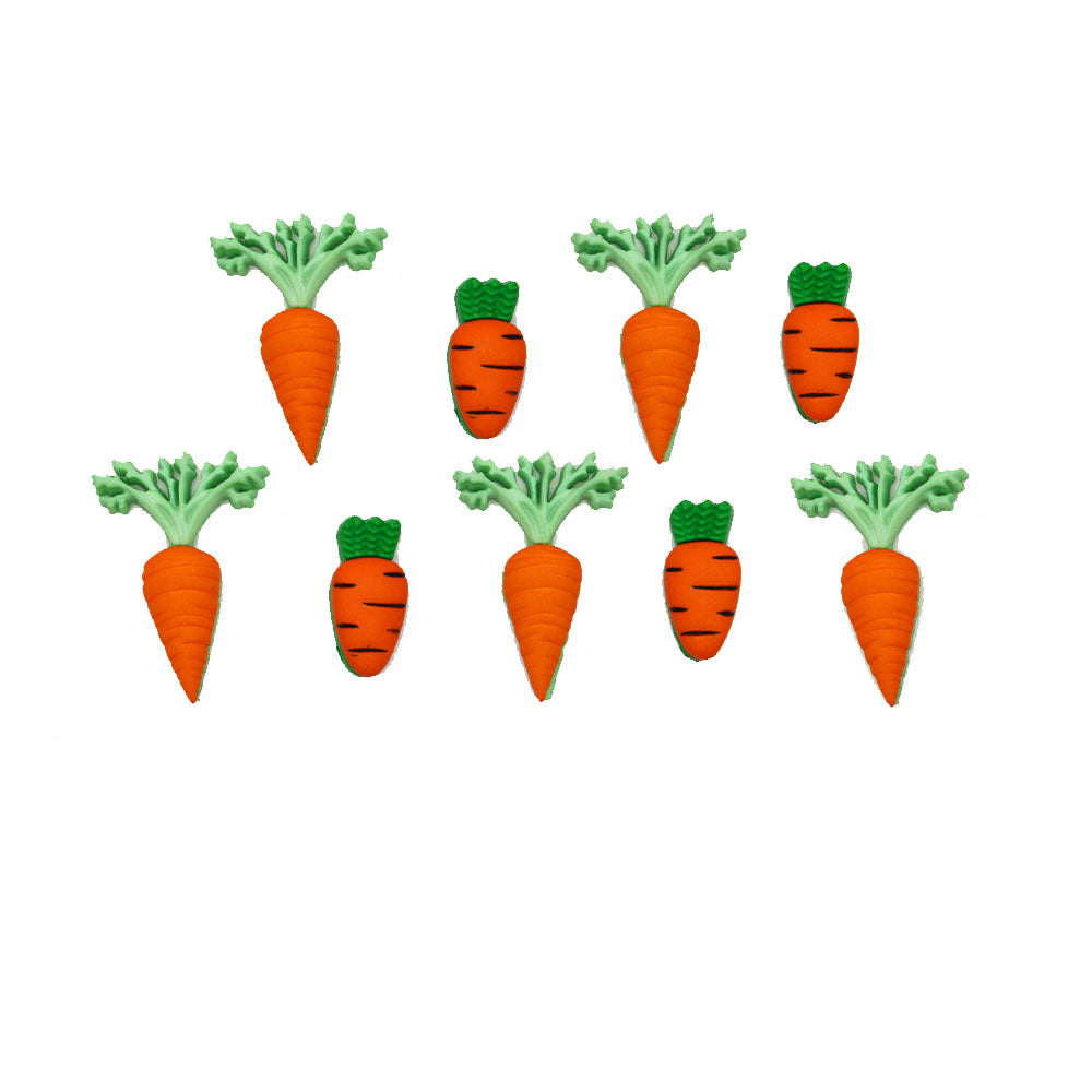A button pack of shank-back carrot embellishments for easter and spring craft projects
