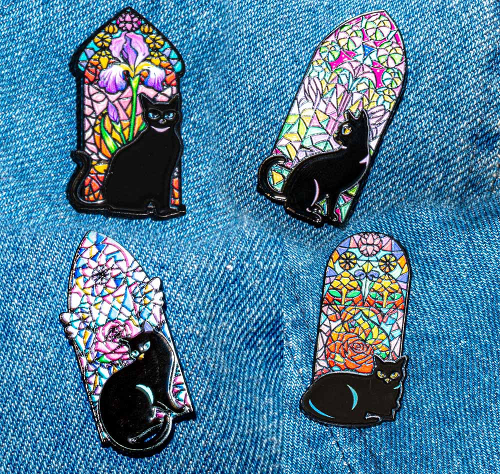 Flower & Cat Enamel Pins, Mixed Colors