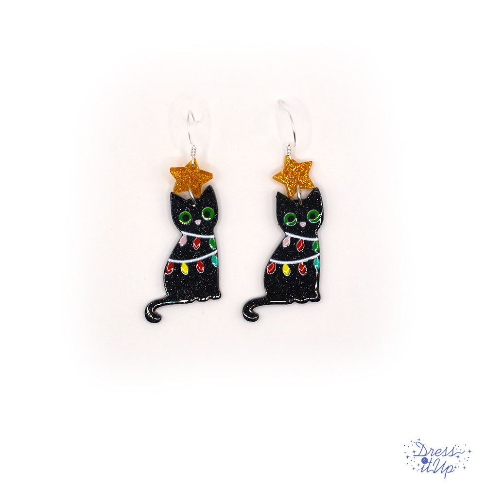 Festive Black Cat Tangle Earrings, wrapped in colorful Christmas lights