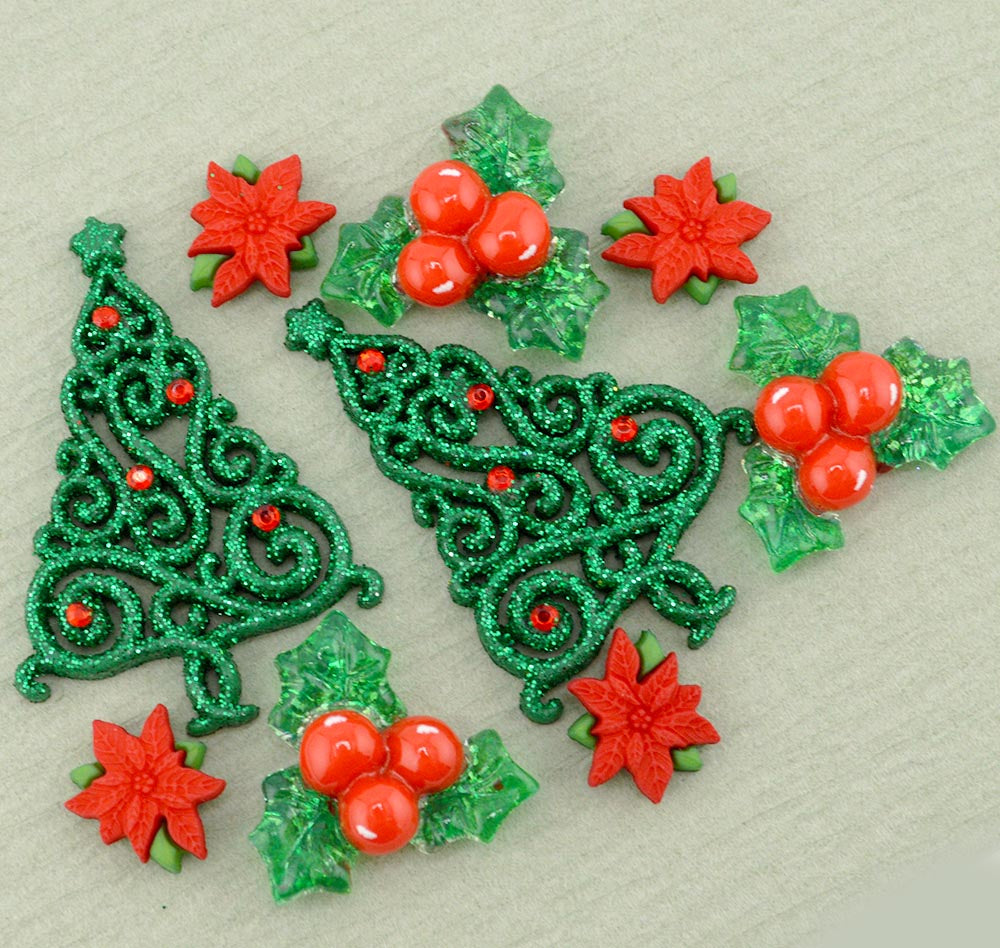 Christmas Elegance Red Green Trees Holly Holiday Themed Buttons
