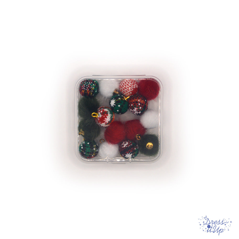 Bead assortment of fabric and faux fur pom pom style charms