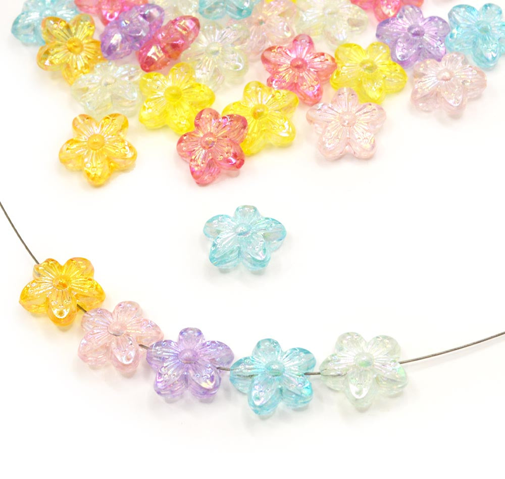Large plastic flower beads in bright girly colors with a AB finish.