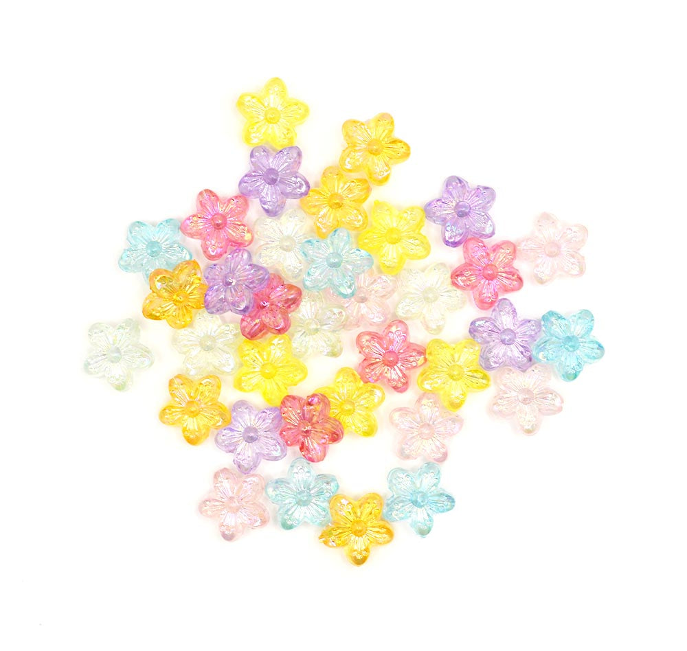 Large plastic flower beads in bright girly colors with a AB finish.