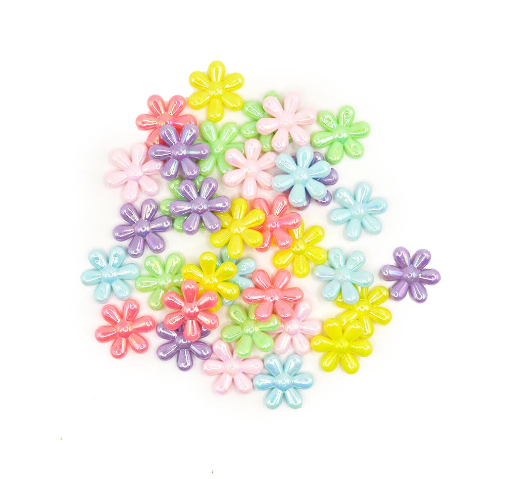 Large plastic flower beads in bright girly colors with a pearlized finish.