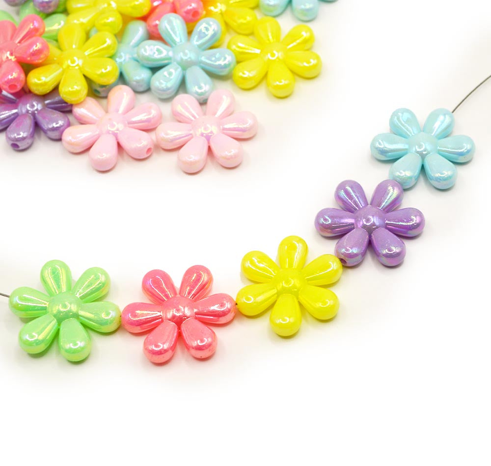 Large plastic flower beads in bright girly colors with a pearlized finish.