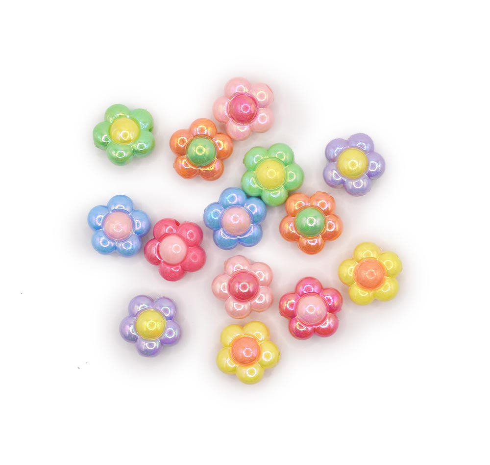 Assorted pack of bright colored daisy plastic beads for DIY crafts and friendship bracelets.