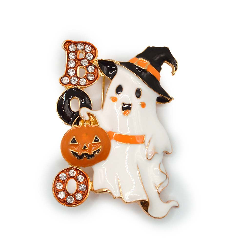 BOO Ghost Rhinestone Halloween Enamel Brooch