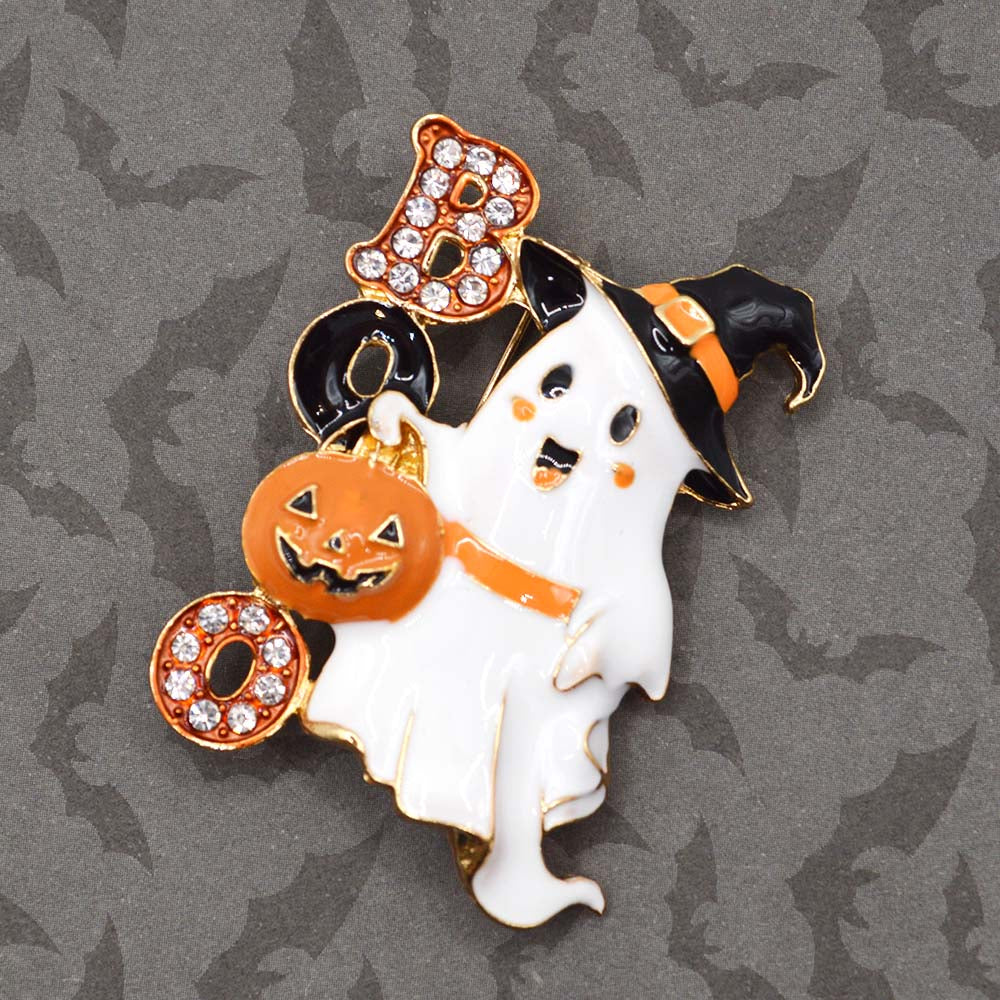 BOO Ghost Rhinestone Halloween Enamel Brooch