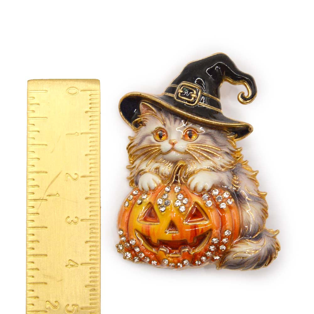 Witchy Cat & Pumpkin Halloween Rhinestone Brooch