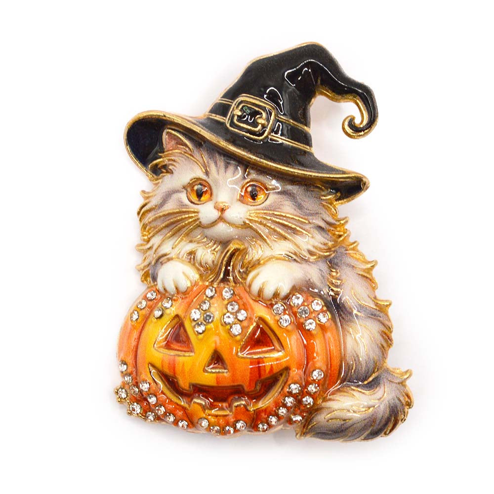Witchy Cat & Pumpkin Halloween Rhinestone Brooch