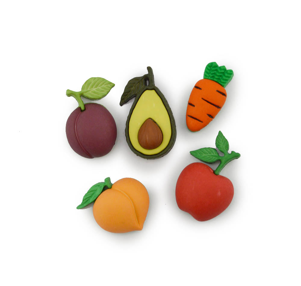 Five small fruit-shaped buttons arranged on a plain white background: a dark red plum, a cut avocado, an orange carrot, a peach, and a red apple.