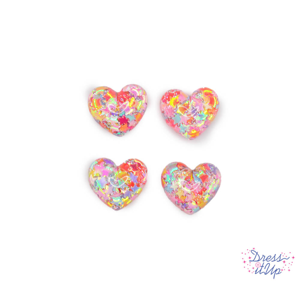 Six flat-back resin hearts filled with rainbow confetti