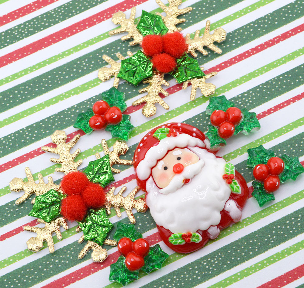 Santa & Golden Holly Christmas Resin Embellishments