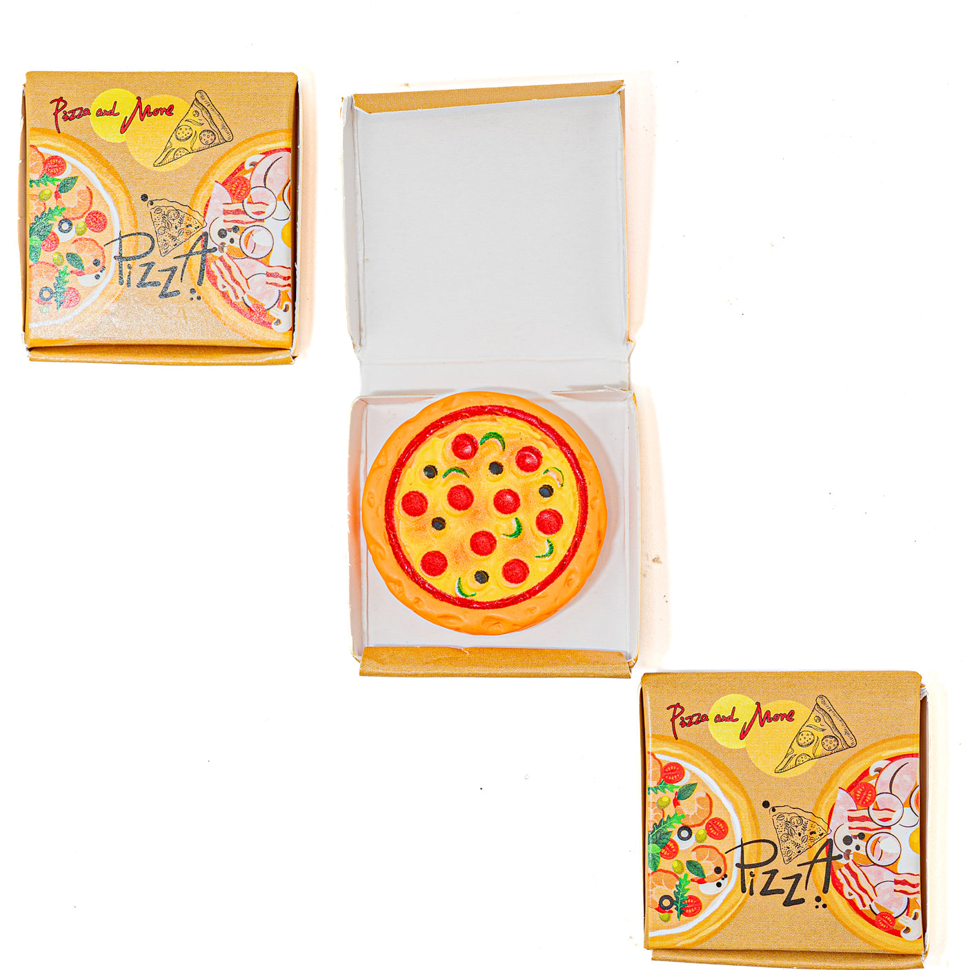 Three views of a miniature toy pizza box set on a white background: one closed box, one open box displaying a small toy pizza, and one angled view of the closed box.