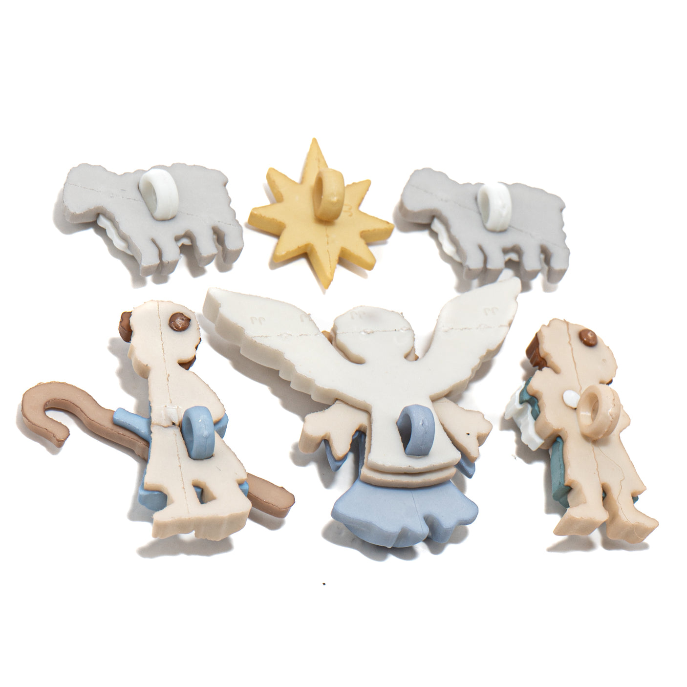 Set of decorative figurines including a star, angel, and two animals on a white background with plastic loops on the back for sewing