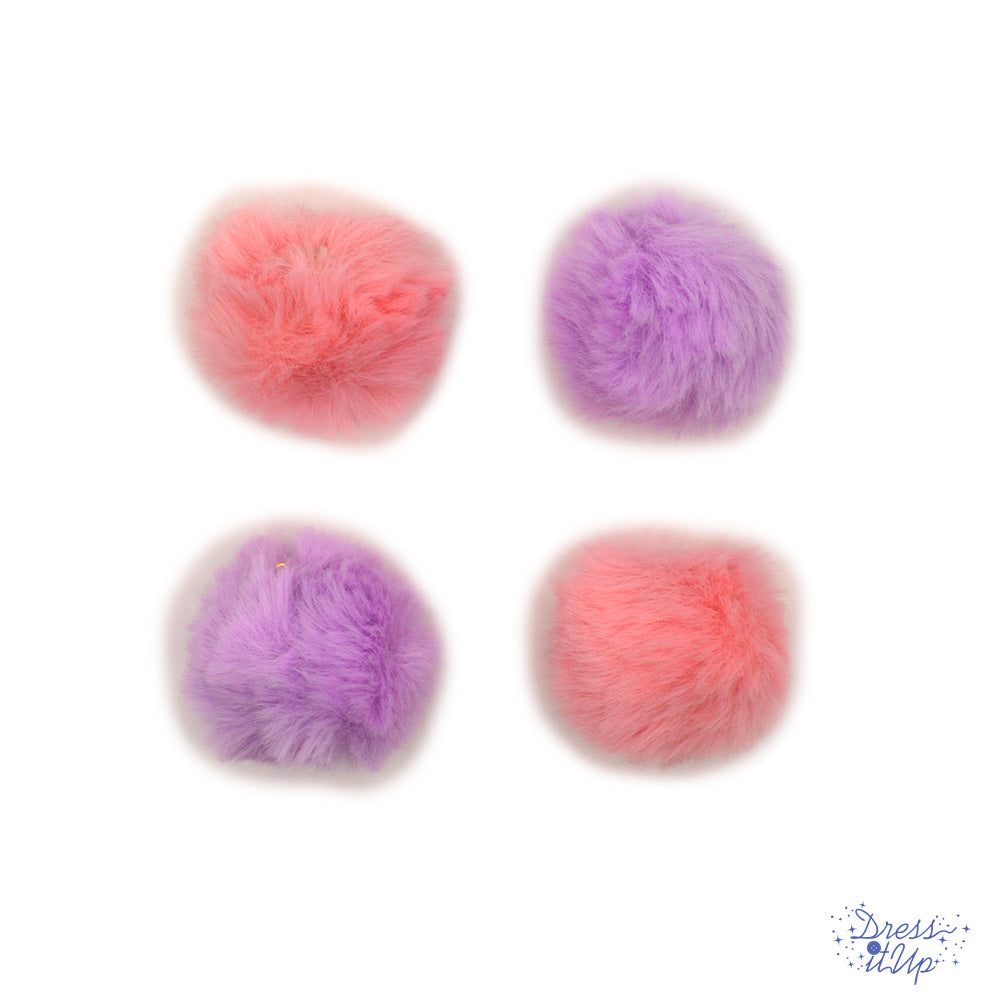 Add pink and purple pom poms to bag charms and keychains