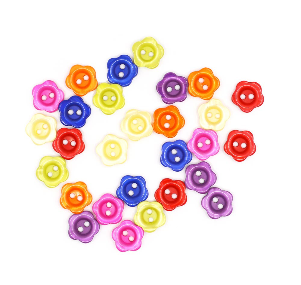 two-hole flower buttons with a pearlized finish in bright colors.