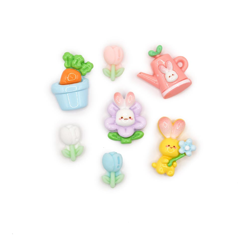 Tulip, flower and easter rabbit pastel resin embellishments for crafting