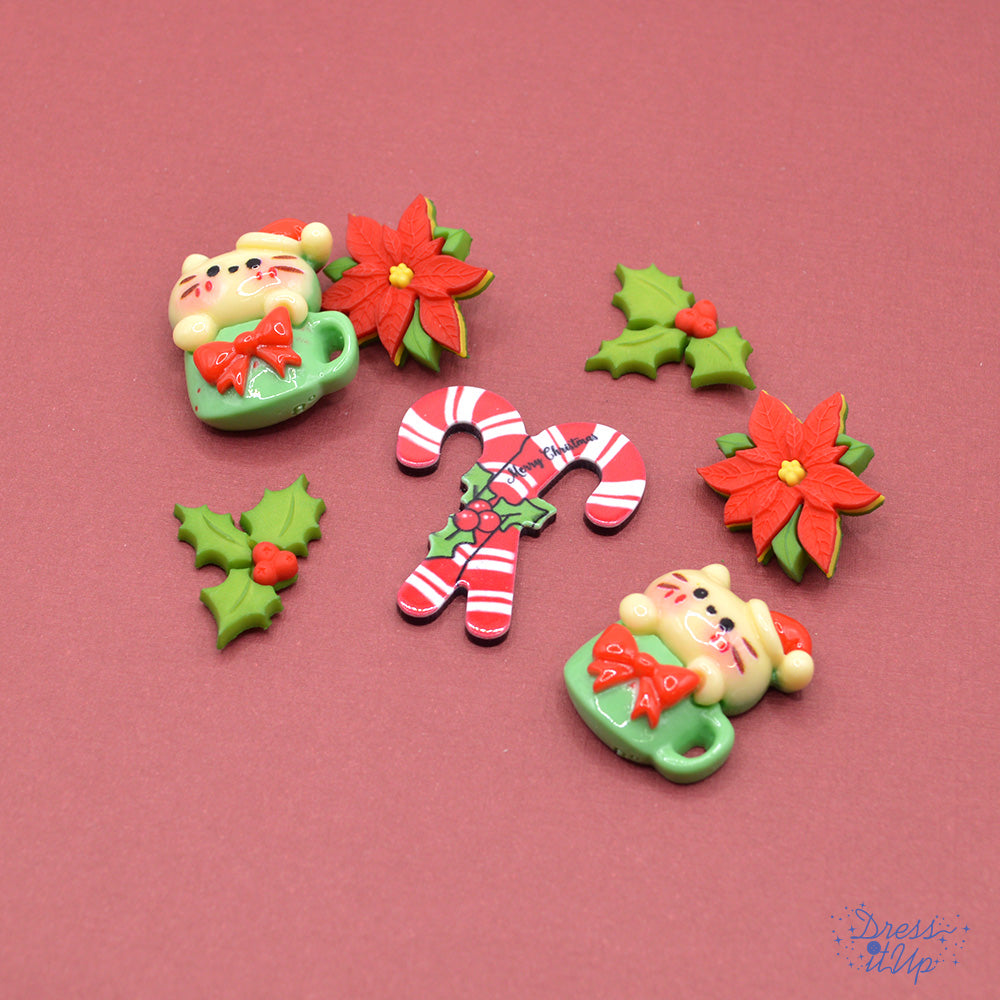 Cute cats in mugs, candy canes and holiday flowers for festive crafts