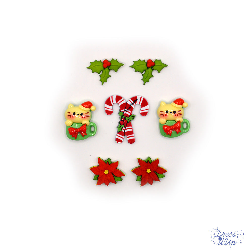 Cute cats in mugs, candy canes and holiday flowers