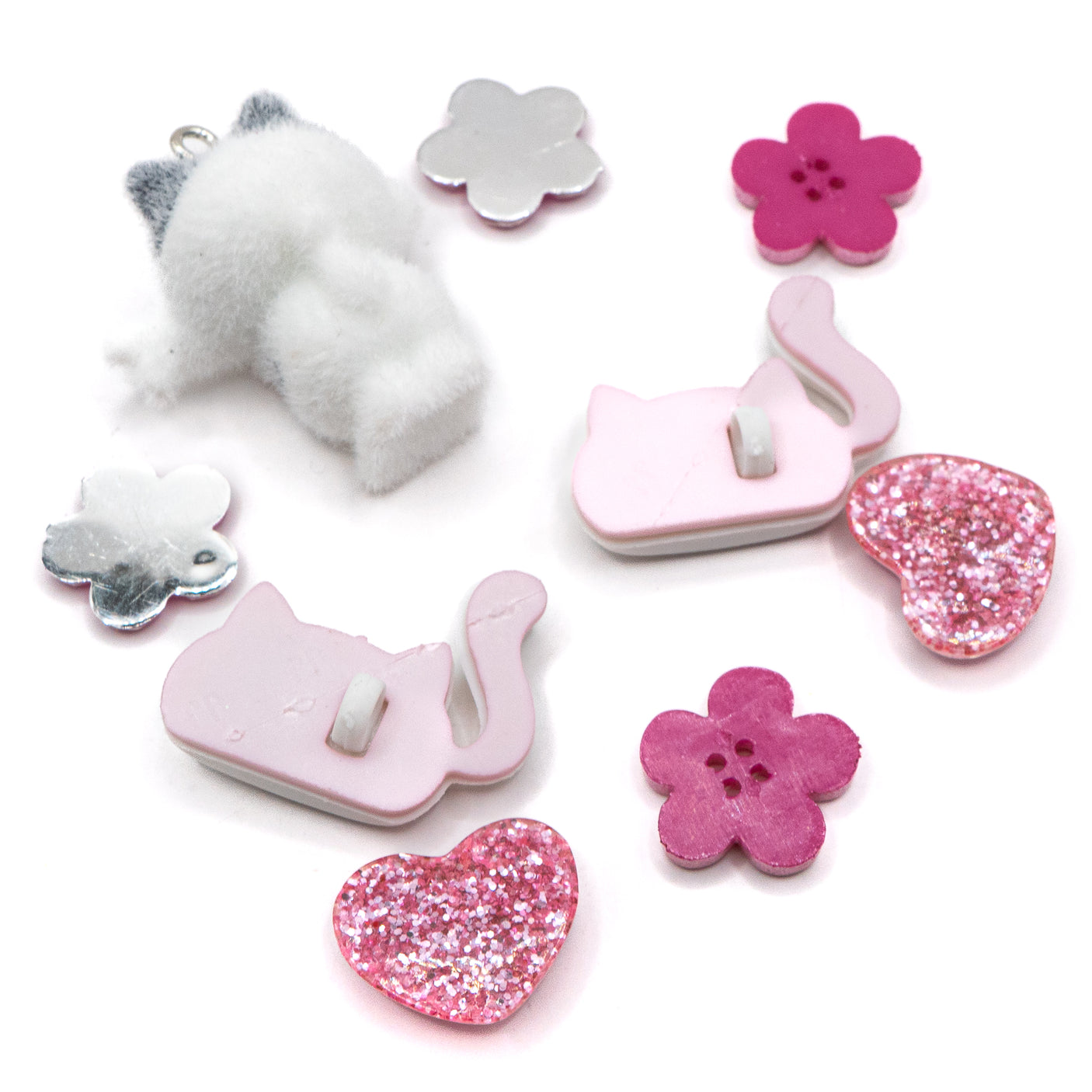 This pack includes a flocked cat charm, pink flowers, and glitter hearts. Perfect for DIY crafts and gifts.