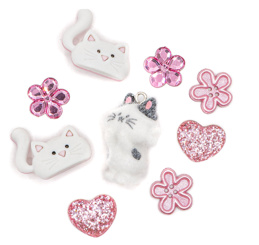 This pack includes a flocked cat charm, pink flowers, and glitter hearts. Perfect for DIY crafts and gifts.