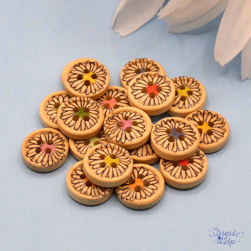 etched wood buttons with a flower pattern