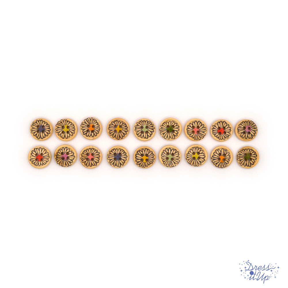 etched wood buttons with a flower pattern