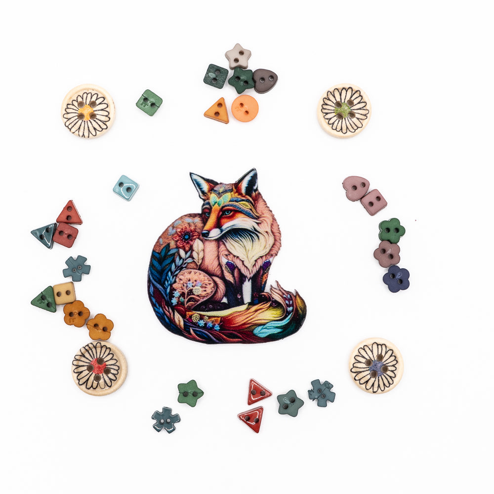 dark forest fox themed craft sewing buttons and charm