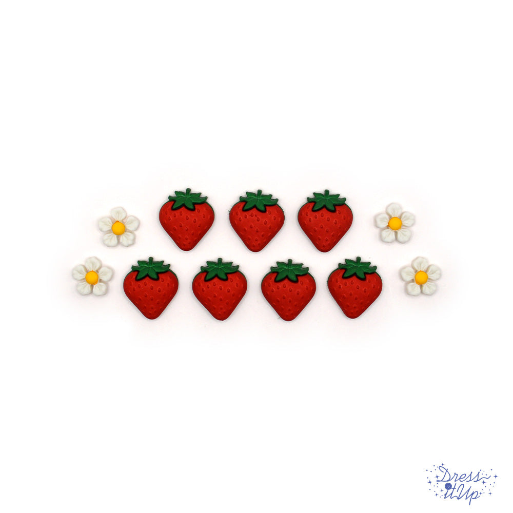 a shank-back button pack of strawberries and strawberry blossoms for spring crafting