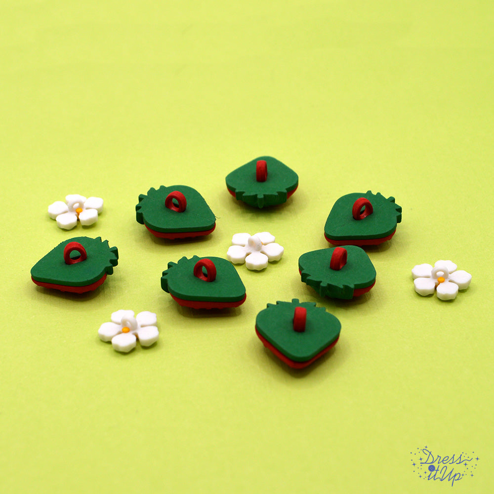 a shank-back button pack of strawberries and strawberry blossoms for spring crafting