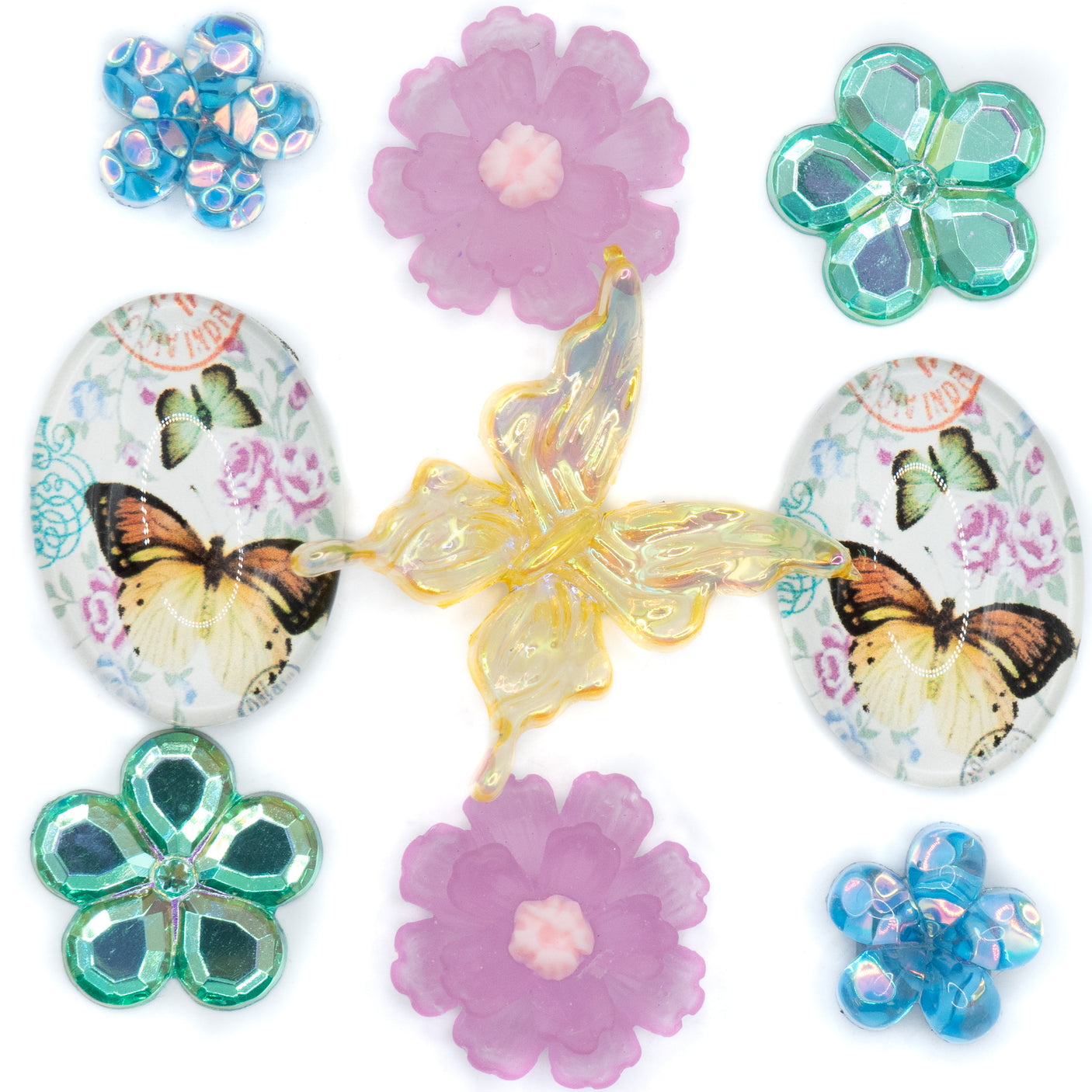 pink, green, blue and yellow flowers and butterflies embellishments