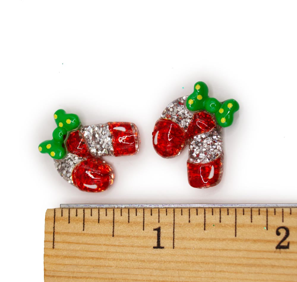 Christmas Transparent Resin Flat Back Cabochons – Glitter Candy Cane Shapes