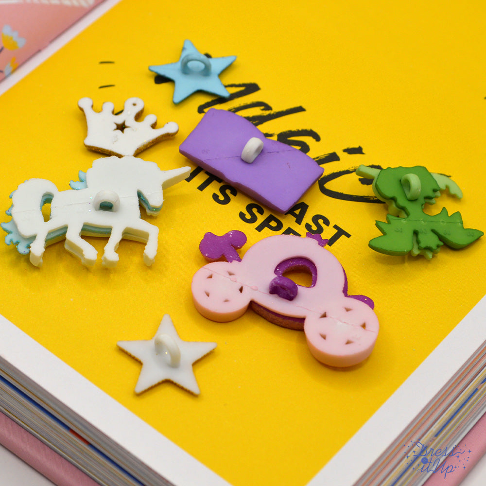 Fantasy and princess projects come alive with this pack including a story book, unicorn, dragon, carriage, crown and stars - shank-back buttons